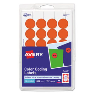 1008 Labels per Pack; 3/4" Diameter; Color-Coding; Dot; Dots; Label; Labels; Printer Labels; Red Neon; Removable; Removable Labels; Round; Self-Adhesive; Identifications; Classifications; Stickers; Shipping; Receiving; Mailrooms; AVERY