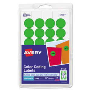 1008 Labels per Pack; 3/4" Diameter; Color-Coding; Dot; Dots; Green Neon; Label; Labels; Multipurpose; Printer Labels; Removable; Removable Labels; Round; Self-Adhesive; Identifications; Classifications; Stickers; Shipping; Receiving; Mailrooms; AVERY