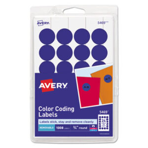 1008 Labels per Pack; 3/4" Diameter; Color-Coding; Dark Blue; Dot; Dots; Label; Labels; Multipurpose; Printer Labels; Removable; Removable Labels; Round; Self-Adhesive; Identifications; Classifications; Stickers; Shipping; Receiving; Mailrooms; AVERY