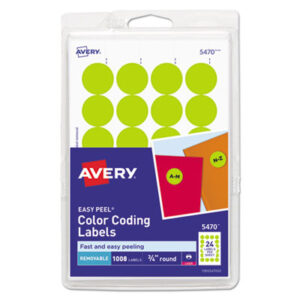 1008 Labels per Pack; 3/4" Diameter; Color-Coding; Dot; Dots; Label; Labels; Printer Labels; Removable; Removable Labels; Round; Self-Adhesive; Signal Dot; Yellow Neon; Identifications; Classifications; Stickers; Shipping; Receiving; Mailrooms; AVERY