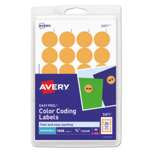 1008 Labels per Pack; 3/4" Diameter; Color-Coding; Dot; Dots; Label; Labels; Orange Neon; Printer Labels; Removable; Removable Labels; Round; Self-Adhesive; Signal Dot; Identifications; Classifications; Stickers; Shipping; Receiving; Mailrooms; AVERY