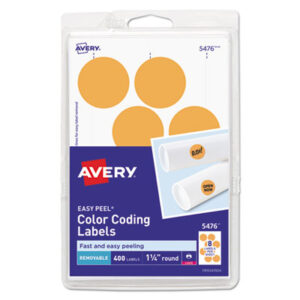 1-1/4" Diameter; 400 Labels per Pack; All Purpose Labels; All-Purpose; Color-Coding; Dot; Dots; Label; Labels; Multipurpose; Orange Neon; Removable; Removable Labels; Round; Self-Adhesive; Identifications; Classifications; Stickers; Shipping; Receiving; Mailrooms; AVERY