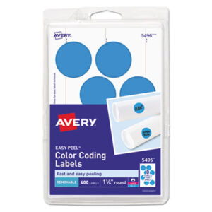 1-1/4" Diameter; 400 Labels per Pack; All Purpose Labels; All-Purpose; Color-Coding; Dot; Dots; Label; Labels; Light Blue; Multipurpose; Removable; Removable Labels; Round; Self-Adhesive; Identifications; Classifications; Stickers; Shipping; Receiving; Mailrooms; AVERY