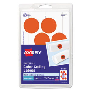 1-1/4" Diameter; 400 Labels per Pack; Color-Coding; Dot; Dots; Label; Labels; Printer Labels; Red Neon; Removable; Removable Labels; Round; Self-Adhesive; Identifications; Classifications; Stickers; Shipping; Receiving; Mailrooms; AVERY