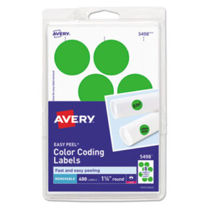 1-1/4" Diameter; 400 labels per Pack; Color-Coding; Dot; Dots; Green Neon; Label; Labels; Printer Labels; Removable; Removable Labels; Round; Self-Adhesive; Identifications; Classifications; Stickers; Shipping; Receiving; Mailrooms; AVERY