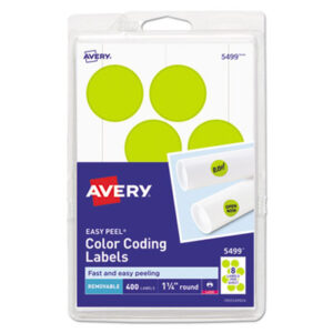 1-1/4 Diameter Round; 400 Labels per Pack; Color-Coding; Dot; Dots; Label; Labels; Removable; Removable Labels; Round; Self-Adhesive; Yellow Neon; Identifications; Classifications; Stickers; Shipping; Receiving; Mailrooms; AVERY