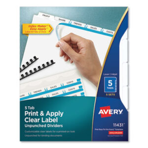 AVERY; Index Maker Clear Label Dividers with White Tabs; Label Dividers; Label Dividers with Tabs; index dividers; 5 tab; five tab; Recordkeeping; Filing; Systems; Cataloging; Classification