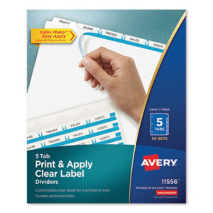 AVERY; Index Maker Clear Label Dividers with White Tabs; Label Dividers; Label Dividers with Tabs; index dividers; 5 tab; three tab; Recordkeeping; Filing; Systems; Cataloging; Classification