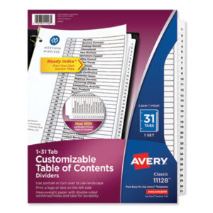 1-31 Tab Set; AVERY; Binder Index; Classic; Divider; Index Dividers; Indexes; Ink Jet/Laser Printer; Numerical; Ready Index; Recycled; Ring Binder Divider; Subject Divider; Tab Divider; Tab Titles 1-31; Table Of Contents; preprinted tabs; Recordkeeping; Filing; Systems; Cataloging; Classification