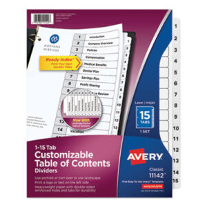 1-15 Tab Set; AVERY; Binder Index; Classic; Divider; Index Dividers; Indexes; Ink Jet/Laser Printer; Numerical; Ready Index; Recycled; Ring Binder Divider; Subject Divider; Tab Divider; Tab Titles 1-15; Table Of Contents; preprinted; 15 tab; index dividers; Recordkeeping; Filing; Systems; Cataloging; Classification