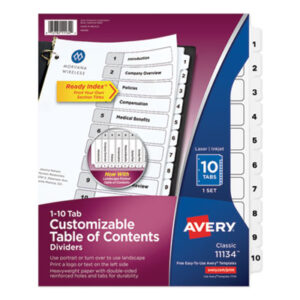 1-10 Tab Set; AVERY; Binder Index; Classic; Divider; Index Dividers; Indexes; Ink Jet/Laser Printer; Numerical; Ready Index; Recycled; Ring Binder Divider; Subject Divider; Tab Divider; Tab Titles 1-10; Table of Contents; preprinted tabs; 10 tab; ten tab; index dividers; Recordkeeping; Filing; Systems; Cataloging; Classification