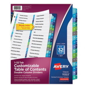 Alphabetical; Binder Index; Divider; Index Binder; Subject Divider; Tab Divider; Tab Titles A-Z; Table of Contents; Tabs; Title Inserts; index dividers; 1-32 tab title; preprinted; 32 tab; Recordkeeping; Filing; Systems; Cataloging; Classification; AVERY