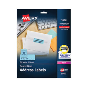 1 x 2-5/8; All-Purpose; Label; Labels; Laser; Laser Printer; Permanent; Self-Adhesive; Pastel Blue; Identifications; Classifications; Stickers; Shipping; Receiving; Mailrooms; AVERY