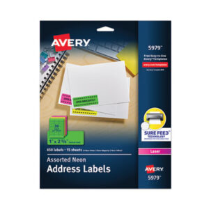 1 x 2-5/8; All-Purpose; Label; Labels; Laser; Laser Printer; Permanent; Self-Adhesive; Fluorescent Assortment; Identifications; Classifications; Stickers; Shipping; Receiving; Mailrooms; AVERY