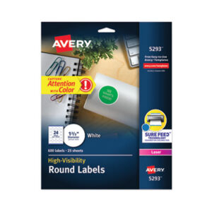 1-2/3" Diameter; All-Purpose; Label; Labels; Laser; Laser Printer; Permanent; Self-Adhesive; White; Specialty; Specialty Labels; Round; Identifications; Classifications; Stickers; Shipping; Receiving; Mailrooms; AVERY; AVE05293