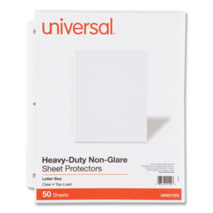 3-Hole Punched; 50 Protectors per Box; Archival Quality; Heavy Gauge; Looseleaf; Nonglare; Polypropylene; Protector; Ring Binder; Sheet; Sheet Protector; Sheet Protectors; Top Loading; UNIVERSAL; Sleeves; Transparent; Sheaths; Storage; Filing; Protection; SPR74107; BSN16514