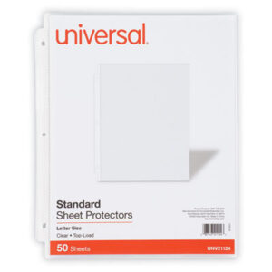 3-Hole Punched; 50 Protectors per Box; Archival Quality; Clear; Looseleaf; Polypropylene; Protector; Ring Binder; Sheet; Sheet Protector; Sheet Protectors; Standard Gauge; Top Loading; UNIVERSAL; Sleeves; Transparent; Sheaths; Storage; Filing; Protection; BSN32357