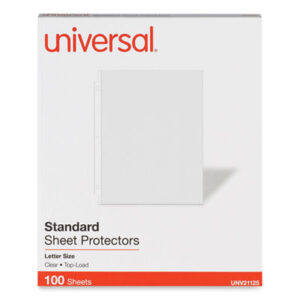 100 Protectors per Box; 3-Hole Punched; Archival Quality; Clear; Looseleaf; Polypropylene; Protector; Ring Binder; Sheet; Sheet Protector; Sheet Protectors; Standard Gauge; Top Loading; UNIVERSAL; Sleeves; Transparent; Sheaths; Storage; Filing; Protection; SPROP911C; BSN74551