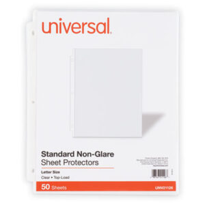 3-Hole Punched; 50 Protectors per Box; Archival Quality; Looseleaf; Polypropylene; Protector; Ring Binder; Semi-Clear; Sheet; Sheet Protector; Sheet Protectors; Standard Gauge; Top Loading; UNIVERSAL; Sleeves; Transparent; Sheaths; Storage; Filing; Protection; BSN32356