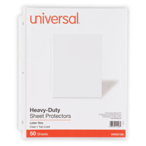 3-Hole Punched; 50 Protectors per Box; Archival Quality; Clear; Heavy Gauge; Looseleaf; Polypropylene; Protector; Ring Binder; Sheet; Sheet Protector; Sheet Protectors; Top Loading; UNIVERSAL; Sleeves; Transparent; Sheaths; Storage; Filing; Protection; SPR74106; BSN16512