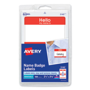 (AVE5140)AVE 5140 – Printable Self-Adhesive Name Badges, 2 1/3 x 3 3/8, Red "Hello", 100/Pack by AVERY PRODUCTS CORPORATION (100/PK)