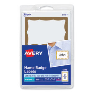 Badges; Convention Badge; Gold Border; Identification; Identification Tag; Name; Name Badges; Name Tag; Self-Adhesive; Self-Stick; Stick-On; Visitor Badges; Identifications; Classifications; Stickers; Shipping; Receiving; Mailrooms; AVERY