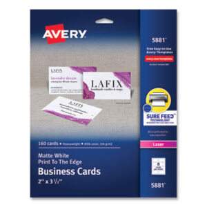 2 x 3-1/2 Card Size; AVERY; Business Cards; Card Stock; Cards; Laser; Laser Printer; Paper; White; 8 Cards per Sheet; 160 Cards per Pack; Marketing; Networking; Calling-Cards; Self-Promote; Contact-Information; Promotion; AVE05881