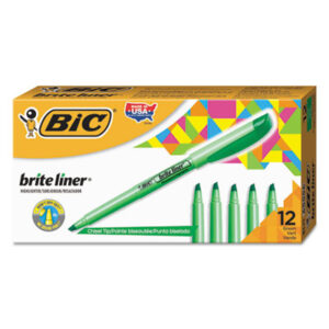 BIC; BriteLiner; Chisel Tip; Fluorescent Green Ink; Highlighters; Marker; Pens; Highlighter; Hi-Lighters; Marker; Note-taking; Underscoring; Emphasis; Accentuate; School; Education; Students; Teachers; Hiliters; Hilighters; BICBL11CGN