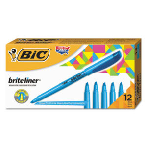 BIC; BriteLiner; Chisel Tip; Fluorescent Blue Ink; Highlighters; Marker; Pens; Highlighter; Hi-Lighters; Marker; Note-taking; Underscoring; Emphasis; Accentuate; School; Education; Students; Teachers; Hiliters; Hilighters; BICBL11CBE