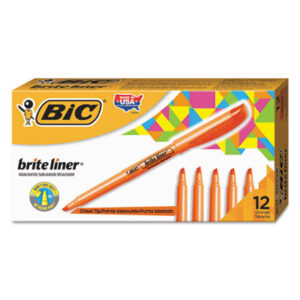 BIC; BriteLiner; Chisel Tip; Fluorescent Orange Ink; Highlighters; Marker; Pens; Highlighter; Hi-Lighters; Marker; Note-taking; Underscoring; Emphasis; Accentuate; School; Education; Students; Teachers; Hiliters; Hilighters