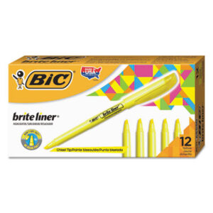 BIC; BriteLiner; Chisel Tip; Fluorescent Yellow Ink; Highlighters; Marker; Pens; Highlighter; Hi-Lighters; Marker; Note-taking; Underscoring; Emphasis; Accentuate; School; Education; Students; Teachers; Hiliters; Hilighters; BICBL11CYW; BICBL11CYWEA