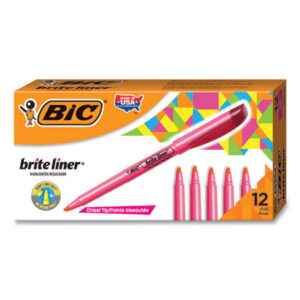 BIC; BriteLiner; Chisel Tip; Fluorescent Pink Ink; Highlighters; Marker; Pens; Highlighter; Hi-Lighters; Marker; Note-taking; Underscoring; Emphasis; Accentuate; School; Education; Students; Teachers; Hiliters; Hilighters; BICBL11CPK