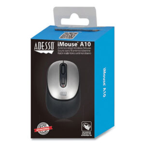 (ADEA10)ADE A10 – iMouse A10 Antimicrobial Wireless Mouse, 2.4 GHz Frequency/30 ft Wireless Range, Left/Right Hand Use, Black/Silver by ADESSO INC (1/EA)