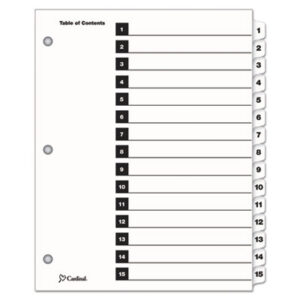 Binder Index; CARDINAL; Copier; Divider; Index System; Indexes; Ink Jet Printer; Ink Jet/Laser; Laser Printer; Numerical; OneStep; Printer; Ring Binder; Subject Divider; Tab; Tab Divider; Tab Titles 1-15; Table of Contents; Tabs; White Tabs; 15 tab; index dividers; preprinted; Recordkeeping; Filing; Systems; Cataloging; Classification; CRD61513CB