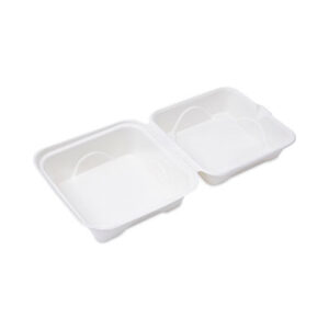 Bagasse Hinged Clamshell Containers; To-Gos; Packages; Breakrooms; Kitchens; Restaurants