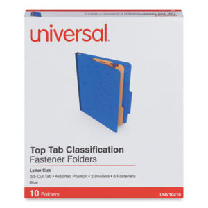 (UNV10410)UNV 10410 – Six-Section Pressboard Classification Folders, 2.5" Expansion, 2 Dividers, 6 Fasteners, Letter Size, Blue, 10/Box by UNIVERSAL OFFICE PRODUCTS (10/BX)