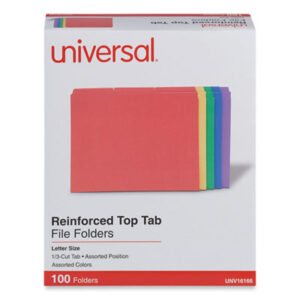 (UNV16166)UNV 16166 – Reinforced Top-Tab File Folders, 1/3-Cut Tabs: Assorted, Letter Size, 1" Expansion, Assorted Colors, 100/Box by UNIVERSAL OFFICE PRODUCTS (100/BX)