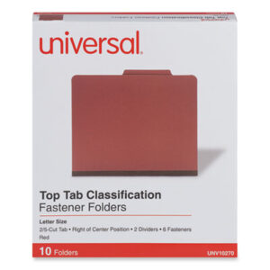 (UNV10270)UNV 10270 – Six-Section Pressboard Classification Folders, 2" Expansion, 2 Dividers, 6 Fasteners, Letter Size, Red Exterior, 10/Box by UNIVERSAL OFFICE PRODUCTS (10/BX)