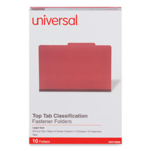 (UNV10280)UNV 10280 – Six-Section Pressboard Classification Folders, 2" Expansion, 2 Dividers, 6 Fasteners, Legal Size, Red Exterior, 10/Box by UNIVERSAL OFFICE PRODUCTS (10/BX)