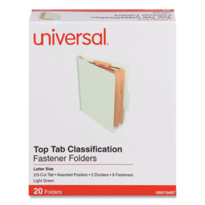 (UNV10407)UNV 10407 – Six-Section Classification Folders, Heavy-Duty Pressboard Cover, 2 Dividers, 6 Fasteners, Letter Size, Light Green, 20/Box by UNIVERSAL OFFICE PRODUCTS (20/BX)