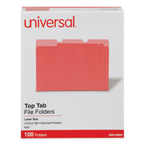 (UNV10503)UNV 10503 – Deluxe Colored Top Tab File Folders, 1/3-Cut Tabs: Assorted, Letter Size, Red/Light Red, 100/Box by UNIVERSAL OFFICE PRODUCTS (100/BX)