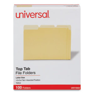 (UNV10504)UNV 10504 – Deluxe Colored Top Tab File Folders, 1/3-Cut Tabs: Assorted, Letter Size, Yellow/Light Yellow, 100/Box by UNIVERSAL OFFICE PRODUCTS (100/BX)