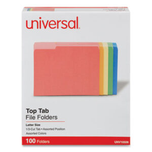 (UNV10506)UNV 10506 – Deluxe Colored Top Tab File Folders, 1/3-Cut Tabs: Assorted, Letter Size, Assorted Colors, 100/Box by UNIVERSAL OFFICE PRODUCTS (100/BX)