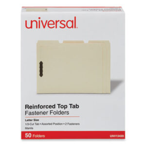 (UNV13420)UNV 13420 – Deluxe Reinforced Top Tab Fastener Folders, 0.75" Expansion, 2 Fasteners, Letter Size, Manila Exterior, 50/Box by UNIVERSAL OFFICE PRODUCTS (50/BX)