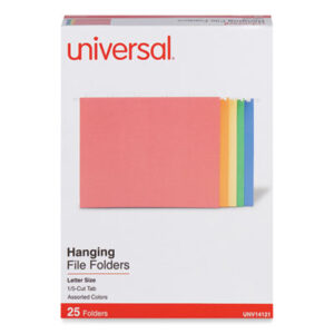 1/5 Cut; Assorted Colors; Bright Colors; File Folders; Hanging File Folder; Hanging Folders; Letter Size; Recycled; Recycled Product; UNIVERSAL; Sleeves; Sheaths; Shells; Organization; Storage; SPRSP5215AST