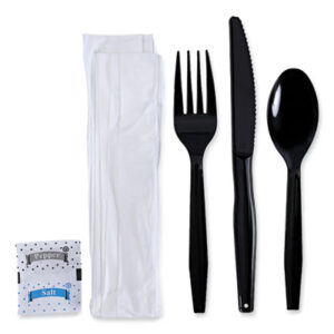 (BWKFKTNSMWPSBLA)BWK FKTNSMWPSBLA – Six-Piece Cutlery Kit, Condiment/Fork/Knife/Napkin/Teaspoon, Black, 250/Carton by BOARDWALK (250/CT)