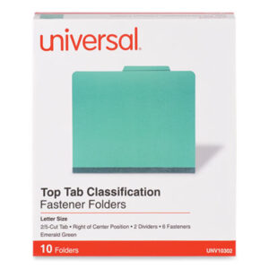 (UNV10302)UNV 10302 – Bright Colored Pressboard Classification Folders, 2" Expansion, 2 Dividers, 6 Fasteners, Letter Size, Emerald Green, 10/Box by UNIVERSAL OFFICE PRODUCTS (10/BX)