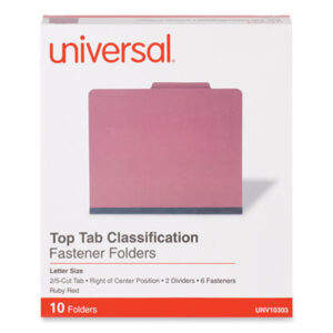 (UNV10303)UNV 10303 – Bright Colored Pressboard Classification Folders, 2" Expansion, 2 Dividers, 6 Fasteners, Letter Size, Ruby Red, 10/Box by UNIVERSAL OFFICE PRODUCTS (10/BX)