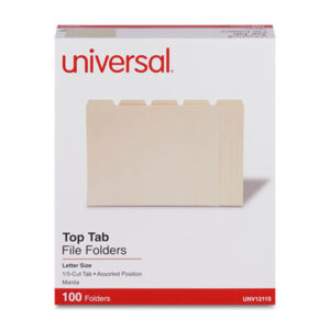 1/5 Cut Tab; Assorted Positions; File Folders; Folders; Letter Size; Manila; Recycled Product; Single-Ply Tab; Top Tab; UNIVERSAL; Manilla; Sleeves; Sheaths; Shells; Ordering; Storage; Files; SPRSP11115; BSN43567