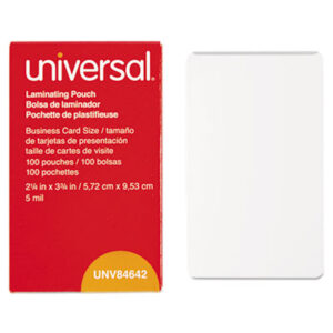 100 Pouches per Box; 5 Mil; Badge; Business Card Size; Card Laminating Pouch; Laminating; Laminating Foils & Pouches; Laminating Pouch; Laminating Pouches; Laminator & Pouches; Laminator Film; Laminators & Supplies; Plastic; Pouches; Protector; Tag; Tag Laminating Pouches; UNIVERSAL; Sleeves; Overlays; Veneers; Finishes; Coatings; SPR01901; BSN20861